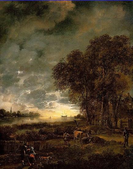 Aert van der Neer A Landscape with a River at Evening oil painting picture